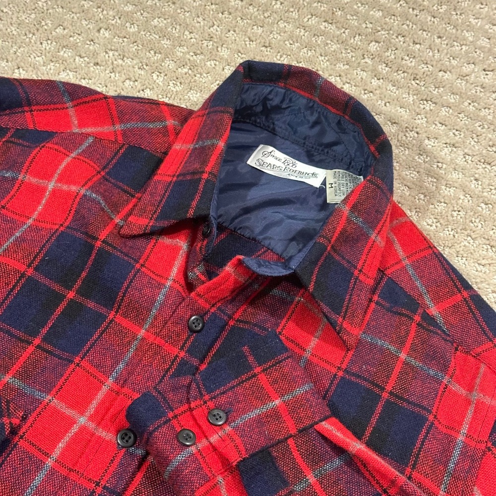 Vintage Sears Roebuck Flannel Shirt Mens Medium Wool Blend Tartan Plaid Button